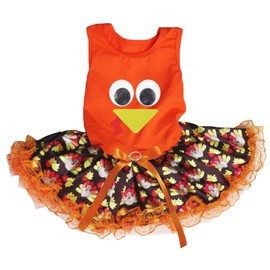 Petitebelle Cute Turkey Face Puppy Dog Dress (Orange/Brown Turkeys Lace, XXX-Large)