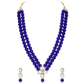 Aheli Wedding Party Faux Kundan Pendant Beads Necklace Earrings Set Bollywood Party Indian Jewelry Gift for Women Blue Stone Two Layered
