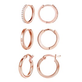 wynn's Silver Hoop Earrings for Women, 925 Sterling Silver Hoop Earrings Set, Rose Gold Small Sleeper Hoop Earrings, Hooped Huggie Cartilage Earrings for Women Girls (12mm Hoop Earrings*3)