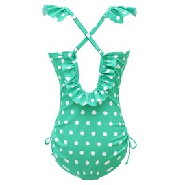 qyqkfly Girls One Piece Polka Dot or Flower Adjustable Bathing Suits with Ruffle Around（Green dot 8-10 Years