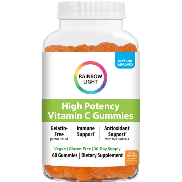 Rainbow Light Vitamin C Gummies, High Potency for Antioxidant & Immune Support, Encourages Collagen Synthesis, Gluten Free, Vegan, Citrus, 60 Gummies