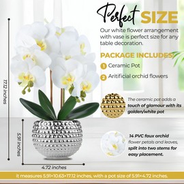 Hisow Large Orchids Artificial Flowers, 17'' White Faux Orchids with Gold Pot for Living Room Decor, White Faux Orchid Plant for Bathroom Kitchen Home Indoor Hotel Decor (Large Silver)
