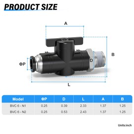 TAILONZ PNEUMATIC 6MM Tube OD x 1/4 Inch NPT Thread Ball Valve Air Flow Control Valve Push to Connect Fitting BVC6-N2（Pack of 1）