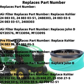 24-083-03-S 2408303 Air Filter Tune Up Kit Fits for Kohler Command CV17 CV18 CV19 CV20 CV22 CV23 CV25 CH18 CH20 CH22 CH23 CH25 18HP-25HP OHV Lawn Mower Parts 24 883 03-S1 52 050 02-S Oil Filter