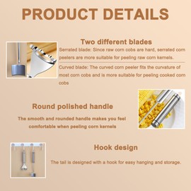 Gaodeding 2 Pcs Corn Peeler Food Grade Stainless Steel Corn Cob Thresher, Easy to Clean, Quickly Peel Corn Kernels Kitchen Gadget, Long Handle for Cooked Corn Cobs, Short Handle for Raw Corn Cobs