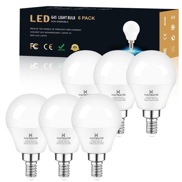 hansang E12 LED Ceiling Fan Light Bulbs 6000K Cool Daylight, 6W 60Watt Equivalent, A15 Small Candelabra Base Chandelier Bulbs, 600LM, Non-dimmable, 6 Pack