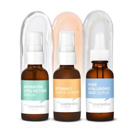 Cosmedica Skincare Face Serum Set – Vitamin C, 2.5% Retinol & Hyaluronic Acid Serums for Anti-Aging, Brightening, Hydration & Wrinkle Reduction, Vegan & Cruelty Free (3 x 1 oz)
