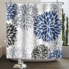 Boho Dahlia Flowers Shower Curtain Black Indigo Blue and Grey