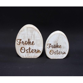 FRANK FLECHTWAREN Decorative Egg Happy Easter, Set of 2, Wood, Whitewashed Dimensions: Height 14 cm, 16 cm