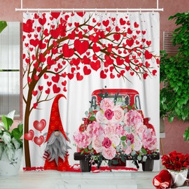 Valentine's Day Shower Curtain 72 x 72 Inches, Love Heart Tree Shower Curtain, Pink Rose on Truck Shower Curtain, Cute Gnomes Romantic Bathroom Decor Washable Polyester Fabric