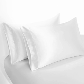 Homiest 4pcs Satin Sheets Set Luxury Silky Satin Bedding Set with Deep Pocket, 1 Fitted Sheet + 1 Flat Sheet + 2 Pillowcases (Queen Size, White)