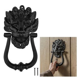 SaKeGa Mystic Colonial Medieval Cast Iron Lion Head Door Knocker 1 Pc - 8 in × 4.5 in (20.3 cm × 11.4 cm) Vintage Rustic Front Door Hardware | Decorative Medieval Entry Knocker with Mounting Screws