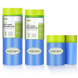 SARDVISA Pre-Taped Masking Film for Painting, 59/43/ 22 in * 66 FT, 3-Rolls Painters Plastic Sheeting with Widened Paint Tape and Drape for Covering Walls, Windows, Cars & Furniture Protection