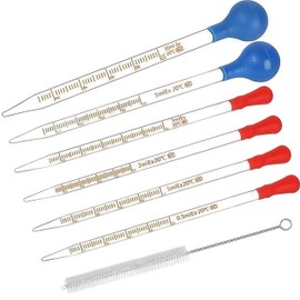 6 Pcs Glass Pipettes Graduated Dropper Kit,0.5ml /1ml/ 2ml/ 3ml /5ml /10ml Thick Glass Dropper Scale Pipette,with 6 Rubber Caps and 2 pcs Droppers Brush,Used to Transfer Liquids