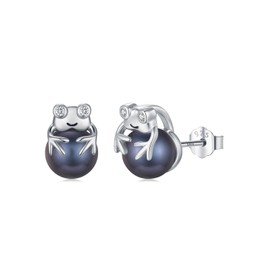 KANNSOAR Tahitian Black Pearl 18K White Gold Plated Sterling Silver Frog Stud Earrings 8MM Pearl Jewelry Wedding Anniversary Birthday Gifts for Women Wife Lover Girlfriend