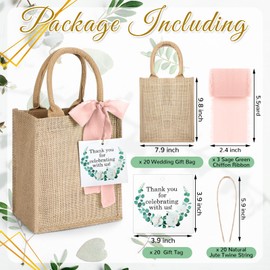 GliCraft 20 Pack Burlap Tote Bags with Handles Reusable Jute Gift Bags Thank You Gift Tags Chiffon Silk Ribbons for Wedding Invitations Parties and Baby Showers Bridesmaid Gifts Wrapping (Pink)