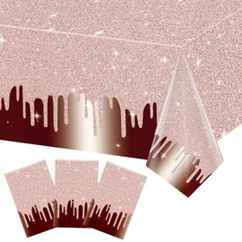 Lemicin 3 Pack Pink Rose Gold Tablecloth, Sequin Printed Disposable Plastic Table Cloth for Happy Birthday Background Girl Wedding Decorations Outdoor Picnics Dining Table, 54 x 108 Inch