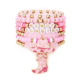Fuqimanman2020 Western Cowgirl Stretch Stackable Bracelets for Women Beaded Heishi Howdy Rodeo Cowboy Hat Boots Y3K Party Bohemian Jewelry-Pink A