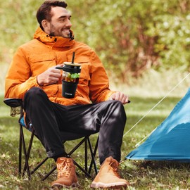 Tronco 32 oz Glass Tumbler with Handle, Straw and Bamboo Lid, Fits in Cup Holder, Iced Coffee & Smoothie Cup, BPA Free, Dishwasher Safe (Black)