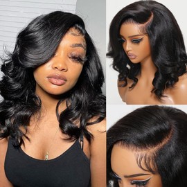 UNICE 12 inch Light Yaki Loose Body Wave Bob Wig human Hair with Below Out Bangs 13X4 HD Lace Front Glueless Wigs Human Hair Pre Plucked Pre Cut Lace Bleached Knots Ready to Wear Black Color