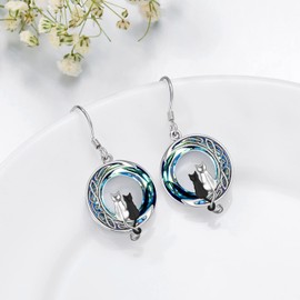 TOUPOP Balck White Cats Earrings Sterling Silver Cat Dangle Drop Hooks Earrings with Blue Circle Crystal Birthday Christmas Mothers Day Jewelry Gifts for Women Cat Lovers