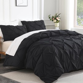 Andency Black Pinch Pleat Comforter Full(79x90Inch), 3 Pieces(1 Pintuck Comforter and 2 Pillowcases) Pintuck Bed Set, Microfiber Down Alternative All Season Bedding Set