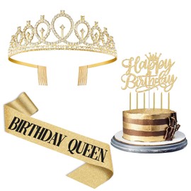 Decoraciones de cumpleaños para mujeres/niñas, incluyendo faja Queen y corona, decoración de tartas, velas. Faja de cumpleaños y tiara para mujer, decoración de fiesta dorada