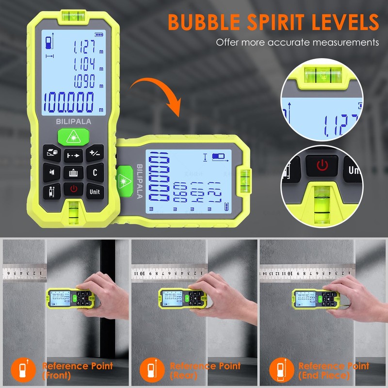BILIPALA Laser Measure,100M/328ft Digital Laser Tape Measure with Backlit LCD,±2mm