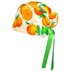 CALOMED Scrub Cap for Women, Euro Style Scrub Caps, Working Hat, Head Cover with Ribbons and Buttons, Long or Short Hair (Oranges on Peach)