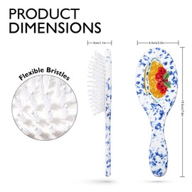 Hand-Painted Hair Brush, Blue White Porcelain Pasta Design Acetate Comb, Flexible Bristles for Gentle Detangling & Scalp Massage, Ergonomic Handle, Unique Gift for Foodies