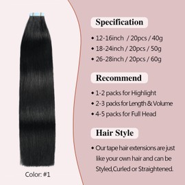 Sunya Tape-In Real Hair Extensions, Jet Black Tape Extensions, Real Hair, Natural Real Hair Extensions, Invisible Silky Straight Skin Weft Tape Ins Hair Extensions, 45 cm, 20 Pieces, 50 g / Pack
