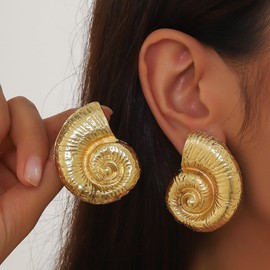 Gold Spiral Shell Earrings for Women, Seashell earrings, Starfish Earrings, Gold Spiral Statement Earrings, Chunky Vintage Conch Earrings, Beachy Style Jewelry-conch