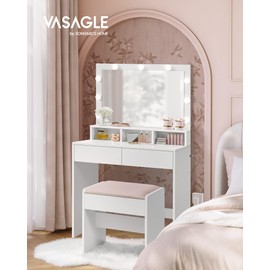 VASAGLE Vanity Desk with Mirror and Lights, Makeup Vanity with Upholstered Vanity Stool, 9 Dimmable LED Lights, 3 Compartments, 2 Drawers, for Bedroom, Cloud White URDT129W01