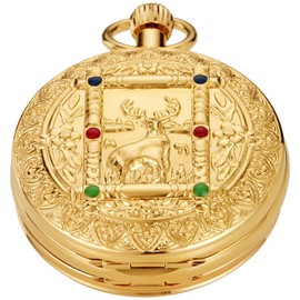 Tiong Gold Double Deer Design Mechanical Pocket Watch for Men, Unique Roman Numerals Digital Scale Double Pocket Watches with Gift Box and Chain Gift
