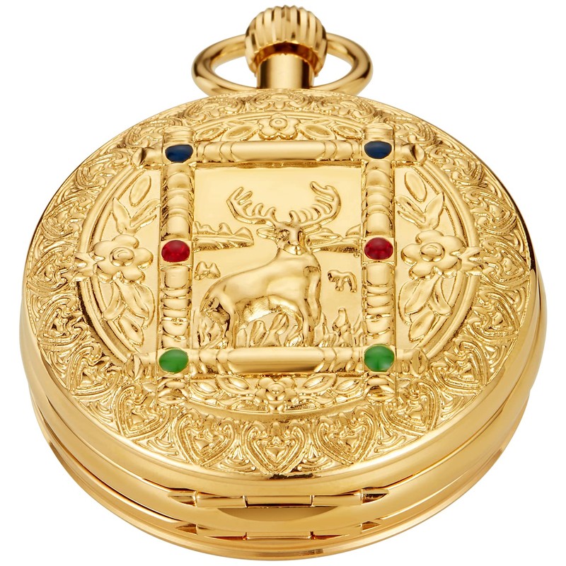 Tiong Gold Double Deer Design Mechanical Pocket Watch for Men,