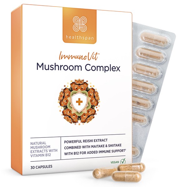 Healthspan Mushroom Complex | 30 Capsules | Immune Health | Added Vitamin B12 | Natural Mushroom Extracts-Reishi, Maitake & Shiitake | Vegan