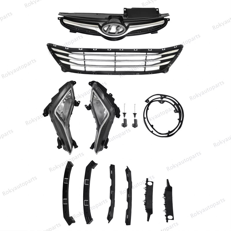 ROKY 11PC For Elantra 2014-2016 Upper Lower Chrome Grille Fog