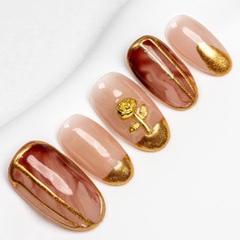 Sun&Beam Nails Handmade Nail Tips, Medium, Long, Oval, Brown, Gold, Flowers, Popular, 3D, Fashionable, Cute Design, Lion, False Nails, Includes Storage Box, Pack of 10 (#15, Golden Rose, Brown, S)