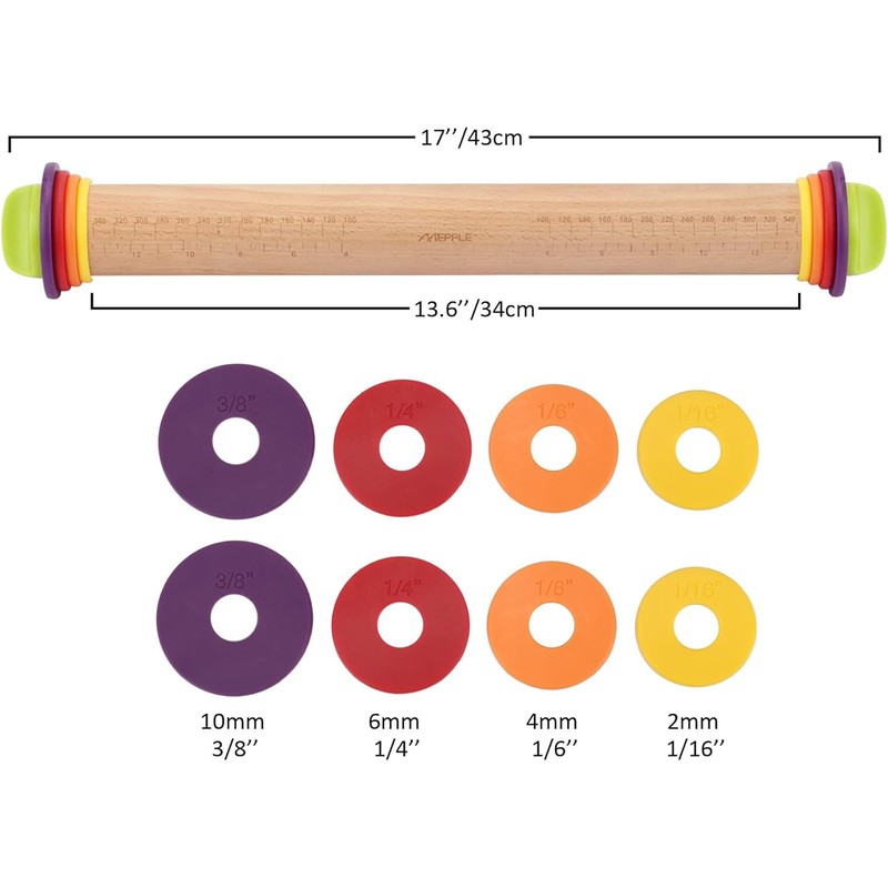 Mepple Adjustable Wooden Rolling Pin with 4 Removable Thickness Rings，Great