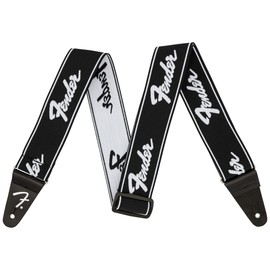 Fender WeighLess Running Logo Guitar Strap, 2in, Black/White