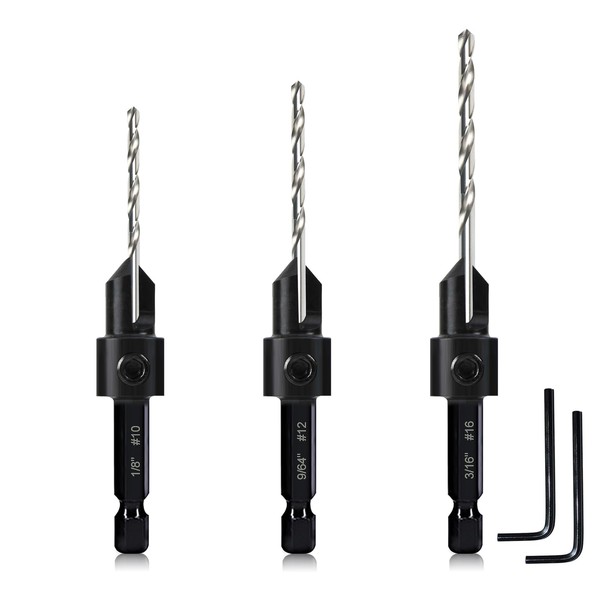 3 Pack Countersink Drill Bit Set #10#12#16, 3in1 Woodworking Counterbore