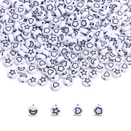 Jeacc Pony Beads for Bracelet Making Round Seed Beads with Heart Star Moon Pattern for Friendship Necklace Earrings Jewelry Craft Acrylic Cute Fun Charms Ornaments for Band DIY 500 Pcs White and Black