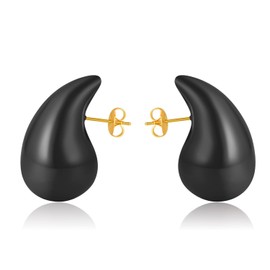 Chunky Gold Hoop Earrings for Women, Lightweight Waterdrop Hollow Open Hoops Tear Drop Silver Gold Trending Oversized Statement Style Earrings Hypoallergenic Gold Plated Earrings Fashion Jewelry for Women (Black)