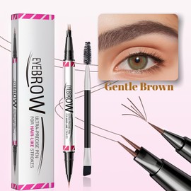 Waterproof Microblading Eyebrow Pen, Dual-End Design with 2-Prong Micro-Fork Tip for Defined, Natural Brows, Long-Lasting(Gentle Brown)