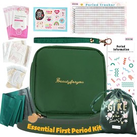 Essential Period Kit for Girls | First Period kit for Girls 10-12 | Period Bags for Teen Girls for School | First Period Gift with Sanitary Pad Storage Bag, Wipes, Period Tracker and More(Green)