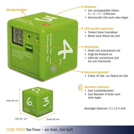 TFA Dostmann Digitaler Tee-Timer, 38.2035.04, ideale Ziehzeit, Tee-Zubehör, Timer, grün,L 60 x B 60 x H 60 mm