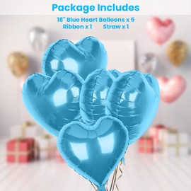 Pack of 5 Baby Blue Heart Balloons, 18" Heart Shape Foil Balloons, Heart Balloons Helium for Valentines Engagement Bridal Shower Graduation Baby Shower Wedding Anniversary Birthday Party Decorations
