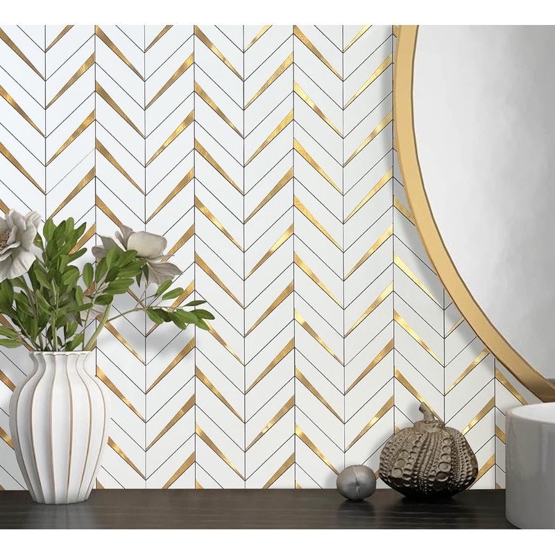 DICOFUN 10-Sheet Herringbone Tile Peel and Stick Backsplash, Polished White