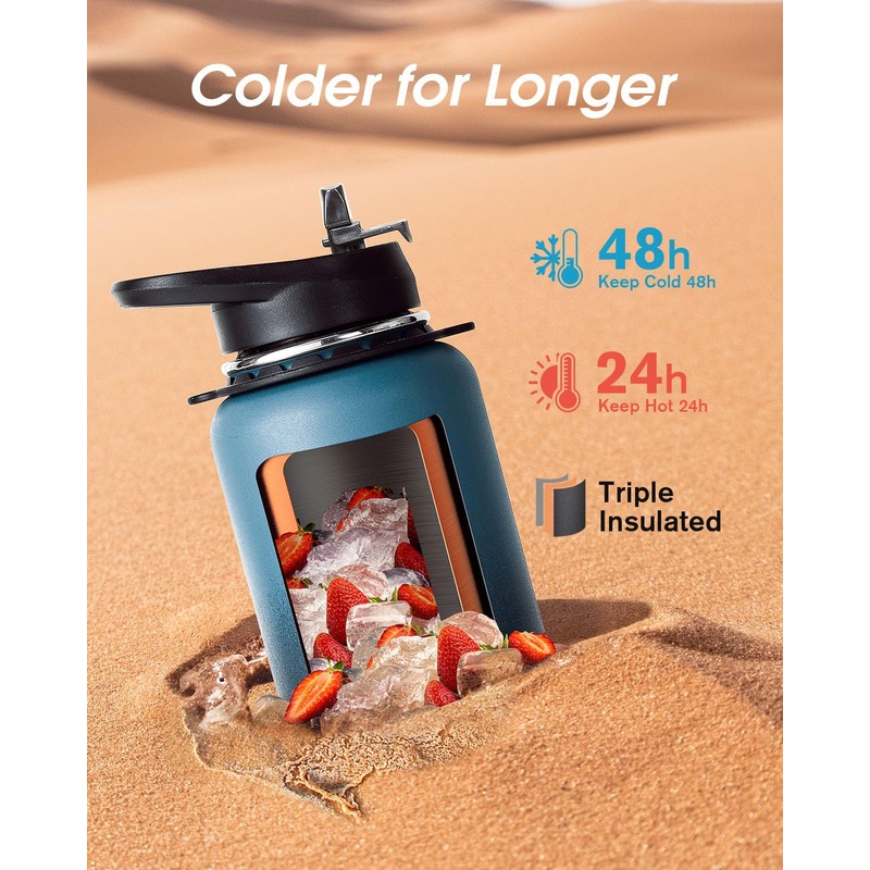 Coolflask Insulated Water Bottle with Strap, 32 oz Metal Water