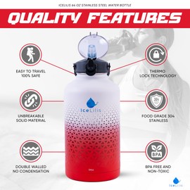 ICELILIS 64 Oz Stainless Steel Water Bottle - Multi-Lid - Ideal Gift for Sports, Travel, Workouts - Double-Wall Insulated, Leakproof, BPA-Free - With Carry Bag & Paracord Handle (Crimson Crest)